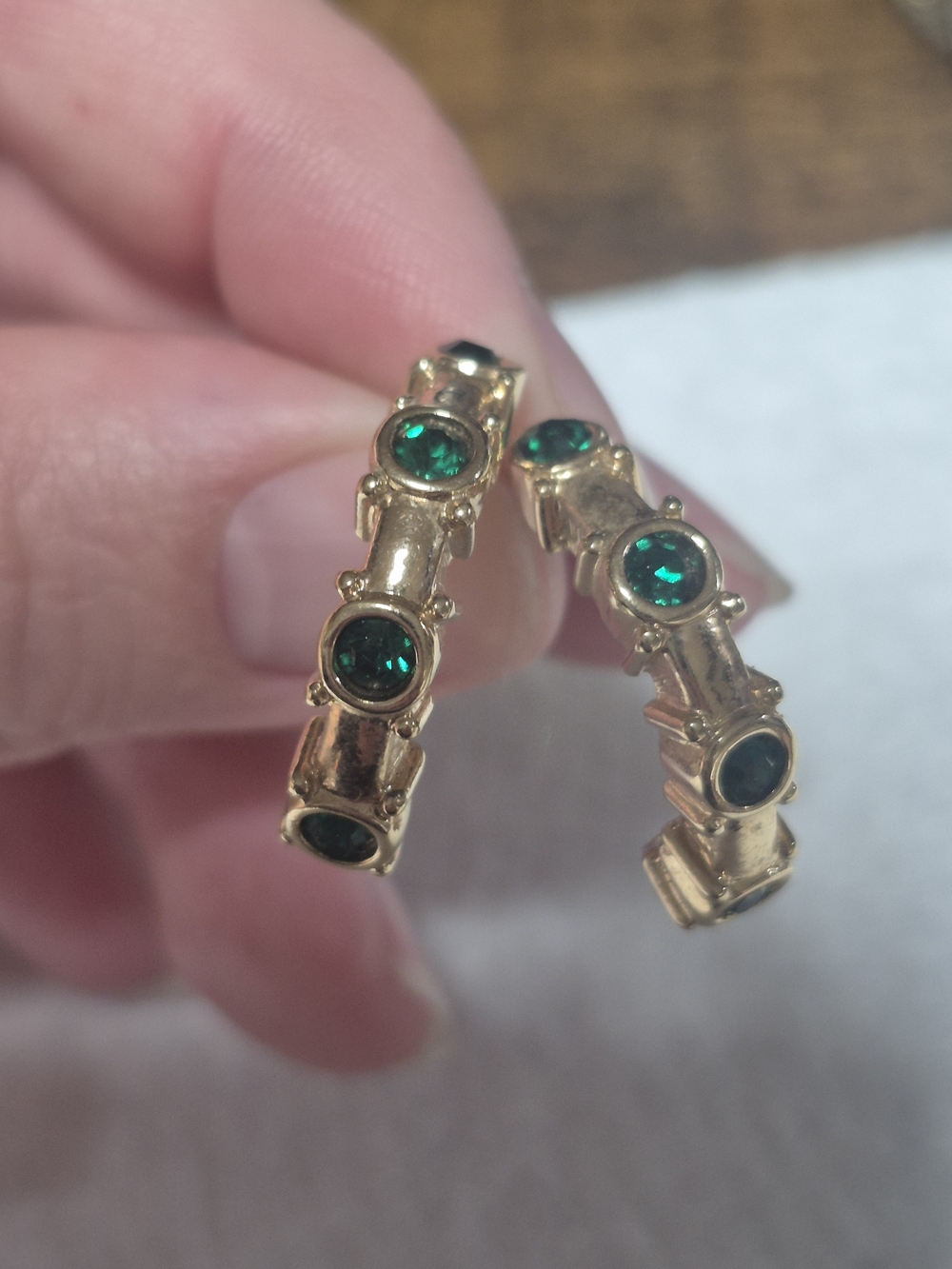 Vintage Estate Gold-Plated Bezel-Set Emerald Green Glass Cabochon Hoop Earrings
